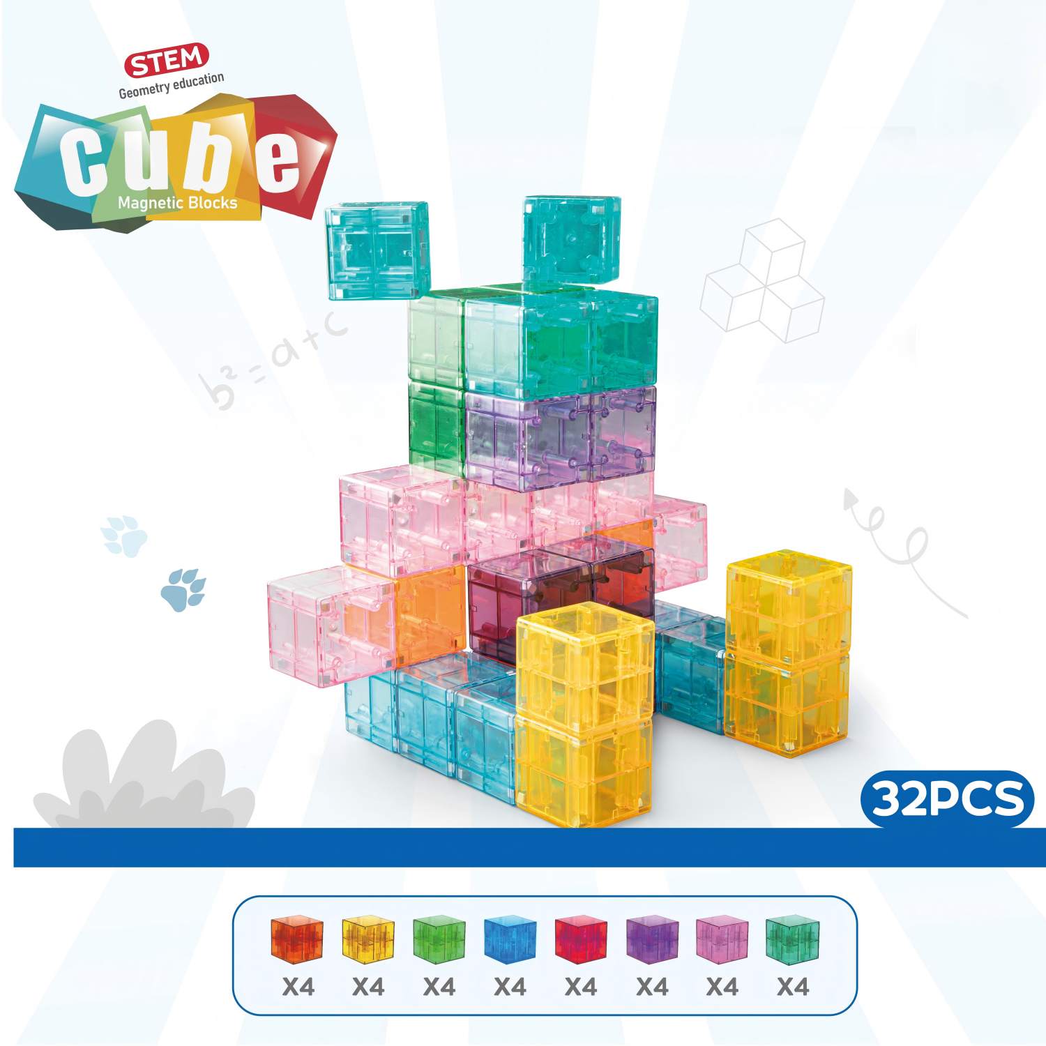 32pcs Transparent Colored Magnetic Tiles Set | 3cm | STEM Toy
