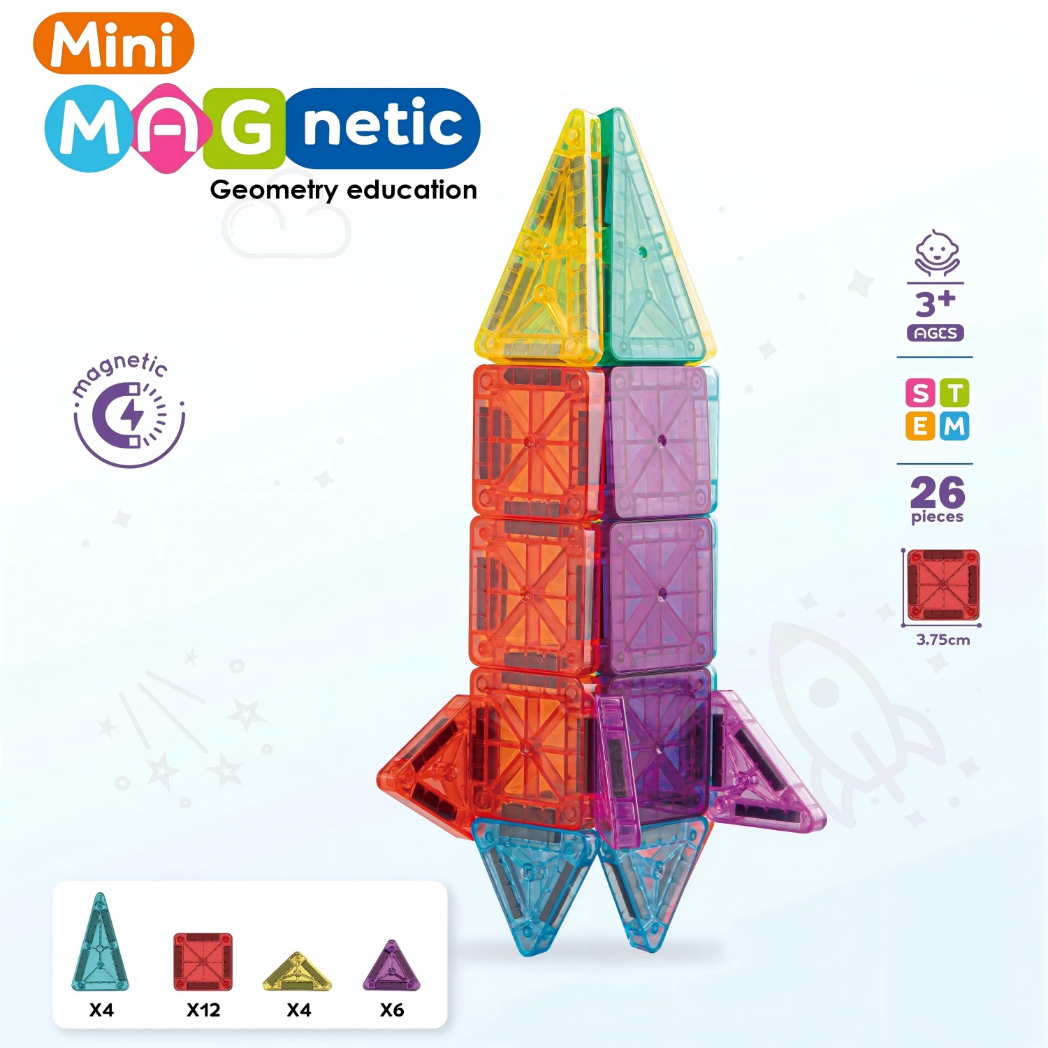 26pc Mini Magnetic Tiles in Tin Box | 3.75cm | Travel Toy - Image 2