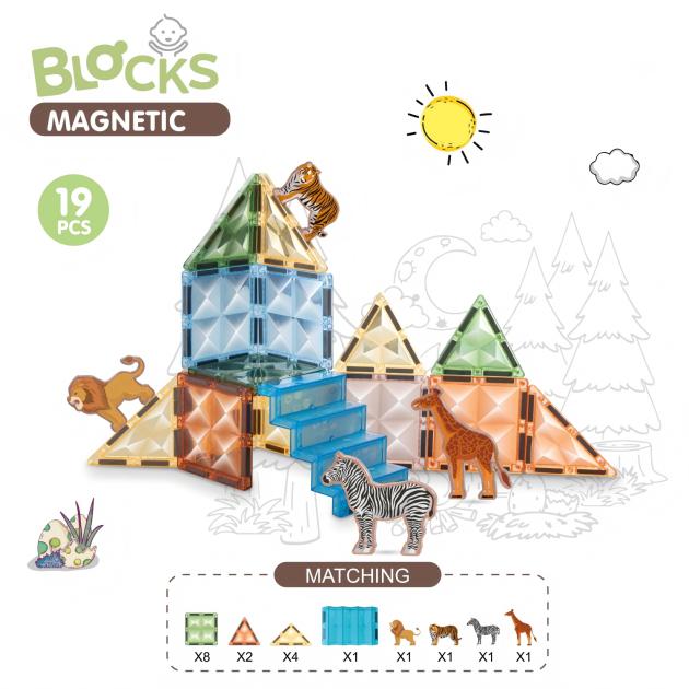 19pcs Jumbo Star Diamond Magnetic Tiles | 7.5cm | Wildlife Theme