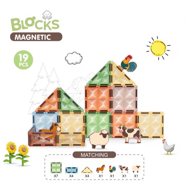 19pcs Jumbo Star Diamond Magnetic Tiles | 7.5cm | Farm Animal Theme