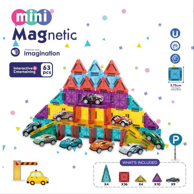 63pcs Mini Magnetic Tiles | 3.75cm | Parking Lot & Vehicle Theme | STEM Construction Toy
