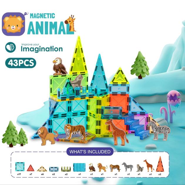 43pcs Magnetic Tiles Set | 5.5cm | Animal Theme | Preschool Educational Toy