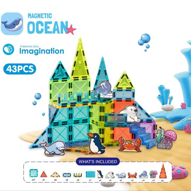 43pcs Magnetic Tiles Set | 5.5cm | Sea Animal Theme | Preschool Educational Toy