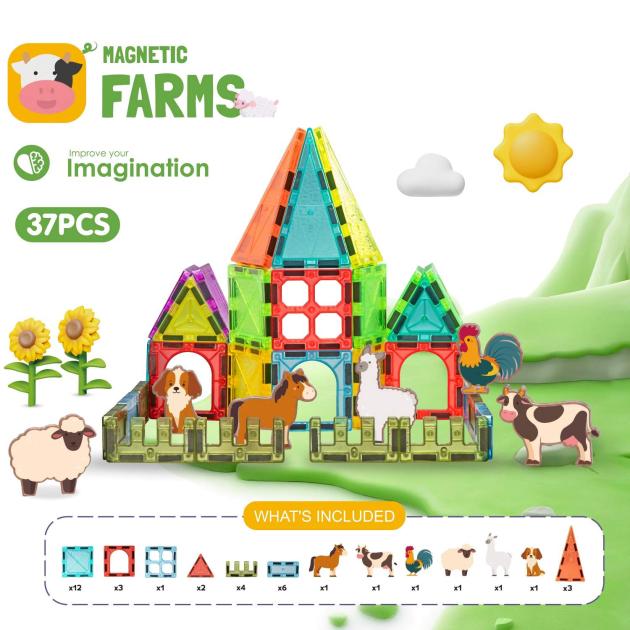 37pcs Magnetic Tiles Set | 5.5cm | Farm Animal Theme | Preschool Educational Toy